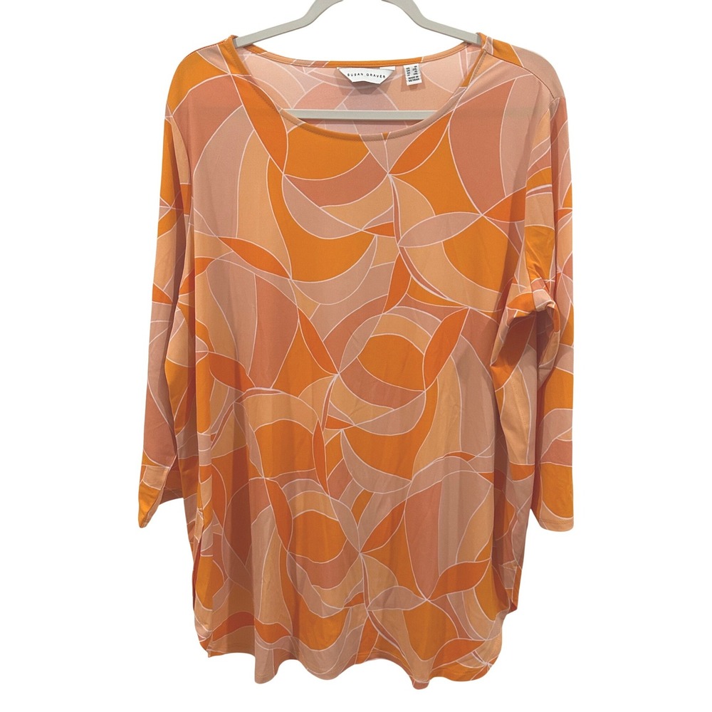 Susan Graver Women's Liquid Knit Tunic Top 1X Orange Abstract 3/4 Sleeve Artsy
